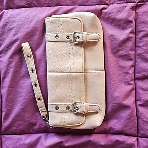 Avon pastel barbie pink faux leather clutch / wristlet w silver buckles / trim